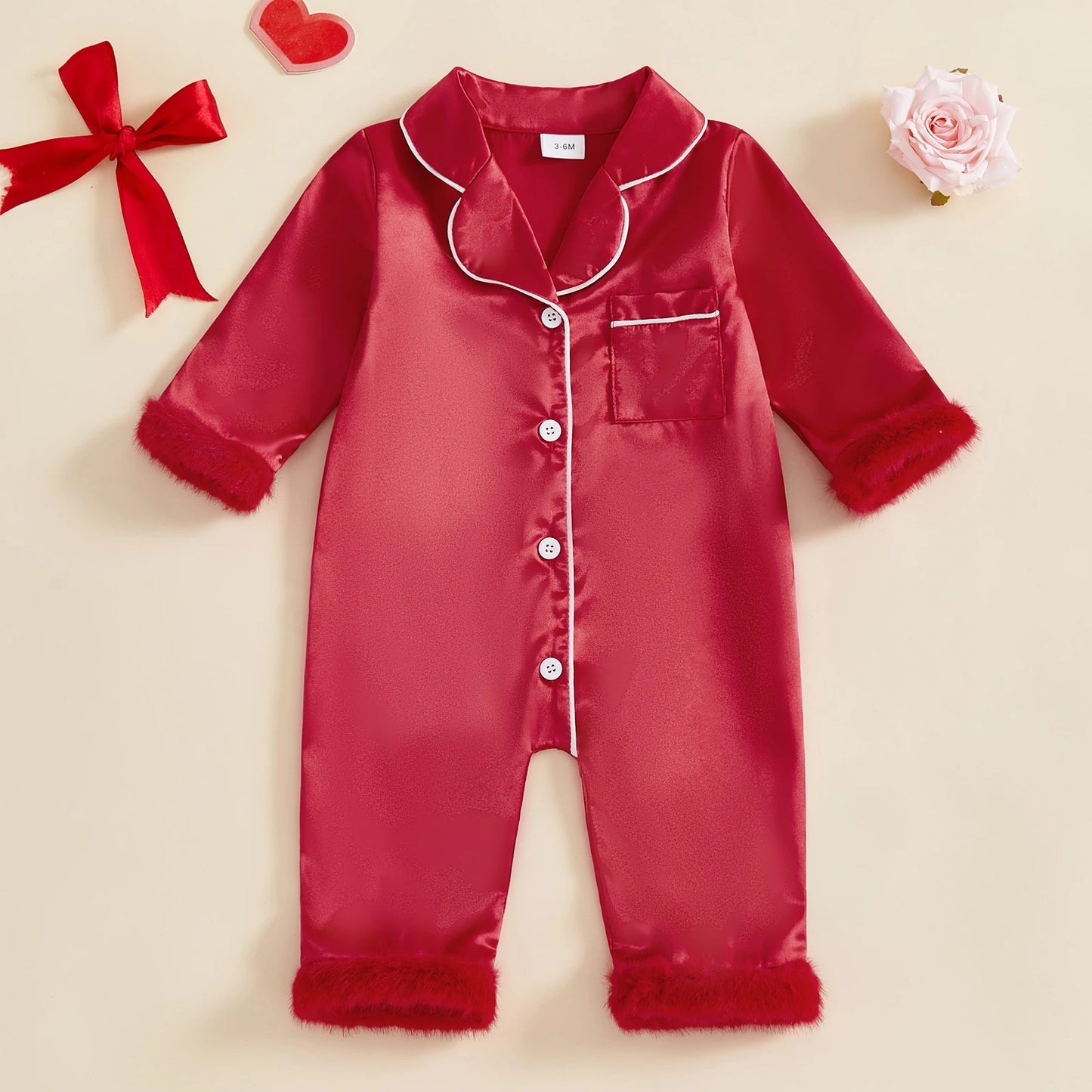 Baby Christmas Pajama Romper - Button Down with Feather Trim Cuffs