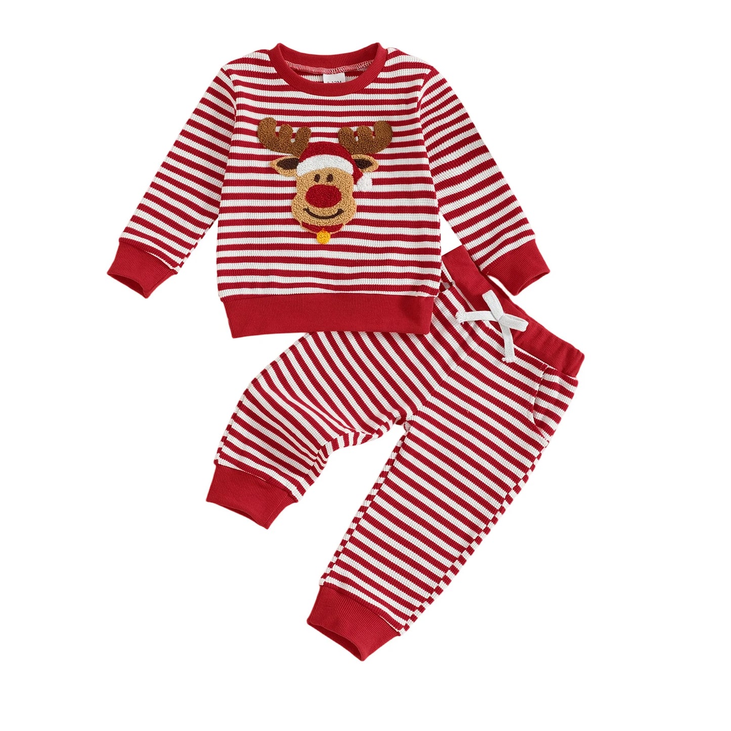 Infant Baby Boys Christmas Clothes Set - Long Sleeve Deer Embroidery Striped Sweatshirt & Pants