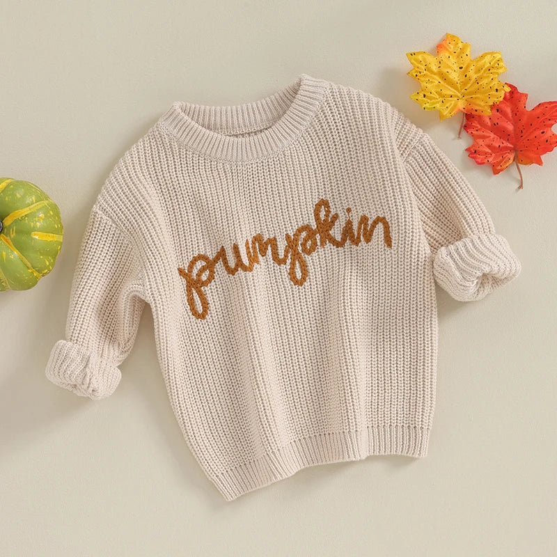0-3Y Toddler Baby Girls Boys Autumn Winter Knit Sweater 3 Colors Long Sleeve Pumpkin Letter Embroidery Knitwear