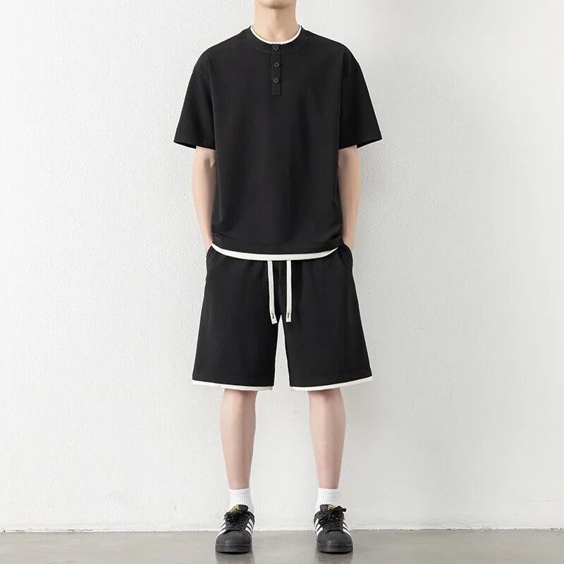 Men's Summer Sports Sets Short Sleeve Round-Neck T-Shirt Elastic Waist Short Set