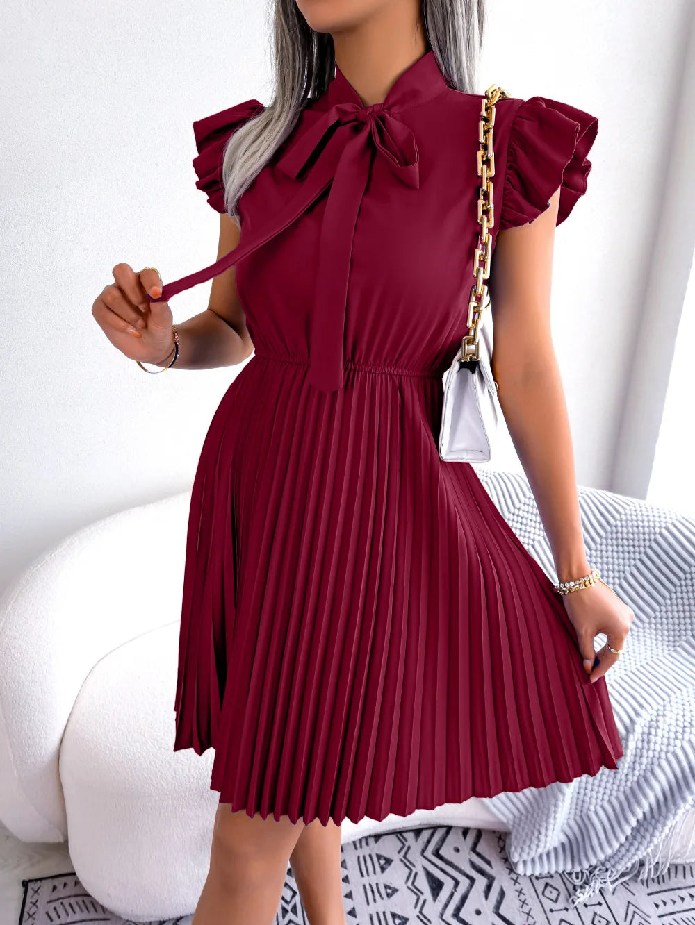 Women's Spring Summer Elegant Lace Up High Waist Large Fold Bow Collar Pleated Dress
