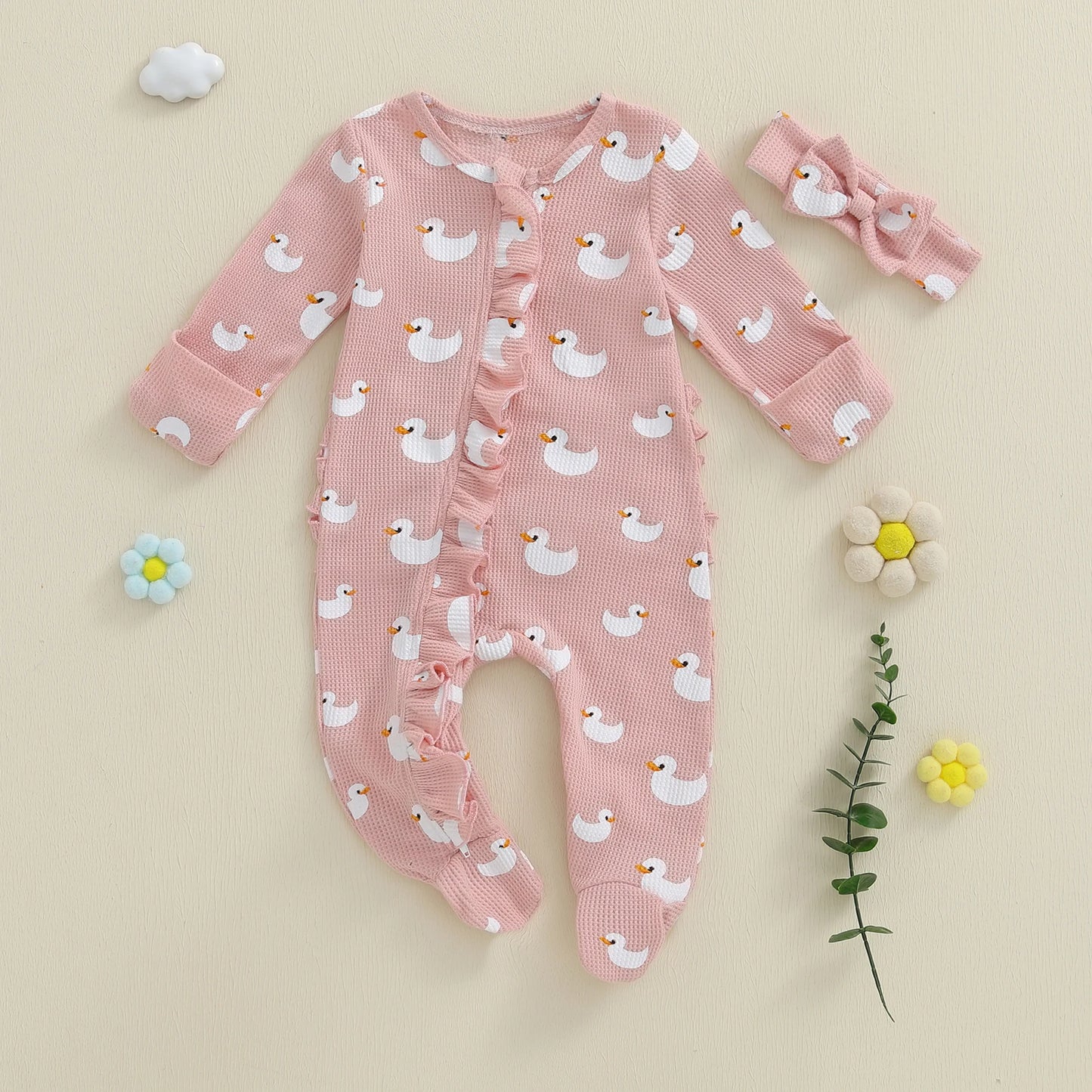 Lovely Newborn Baby Floral Print Romper with Headband (0-12M)