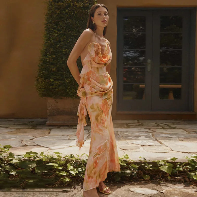 Women's Floral Applique Halter Maxi Dress