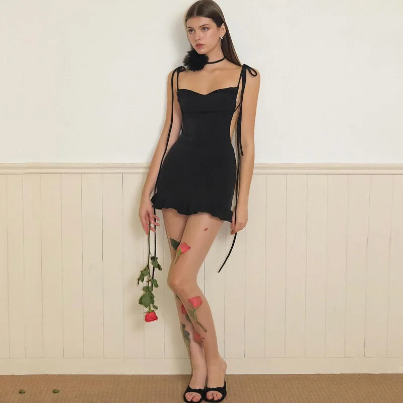 Women's Sleeveless Ruffle Mini Open Back Tie Detail Ruched Bodycon Dress