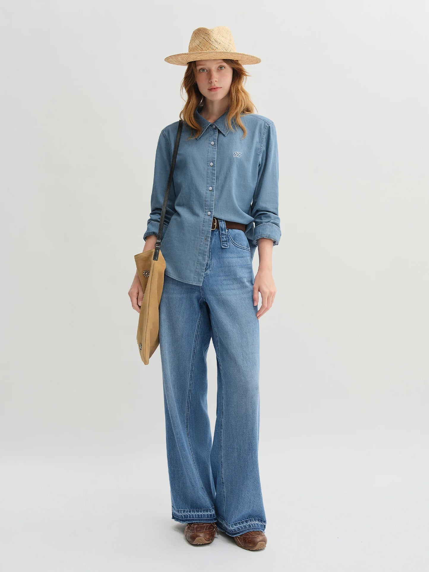 Women's Plus Size Double Collar Denim Shirt - French Style Autumn Top