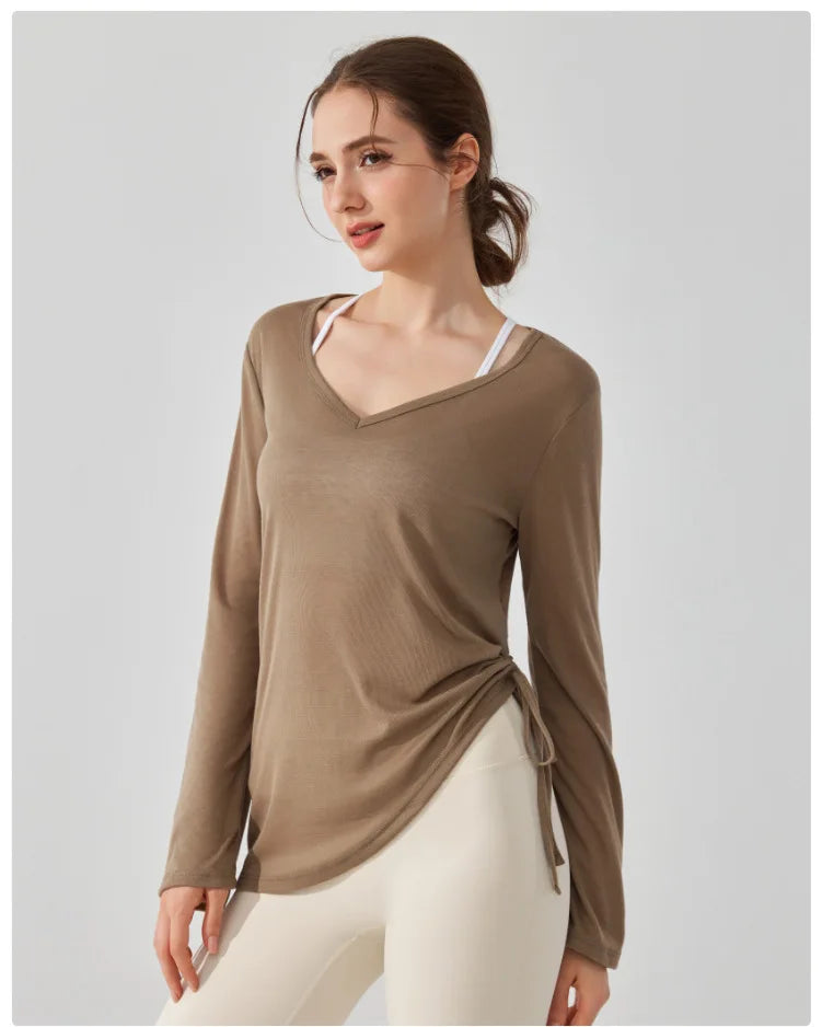 Women's Loose Running Top Long Sleeve Yoga Shirt V-Neckline Workout Blouse Sportswear Workout Clothes