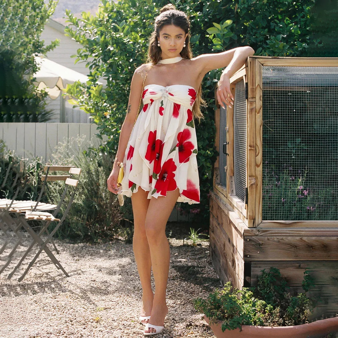 Women's Summer Halter Floral Mesh Mini Dress - Strapless Backless Holiday Dress