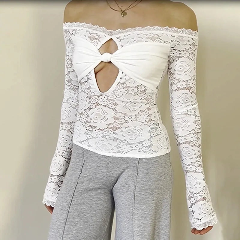 Women's Cut Out Lace Long Sleeve Top - Off Shoulder White Twist Front