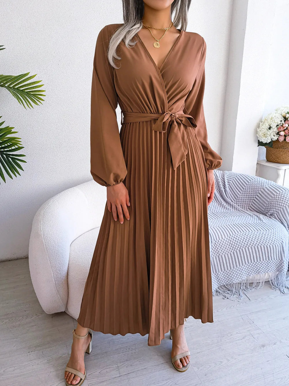 Women's Spring Summer Cross V Neck Large Hem Pleated Long Dress