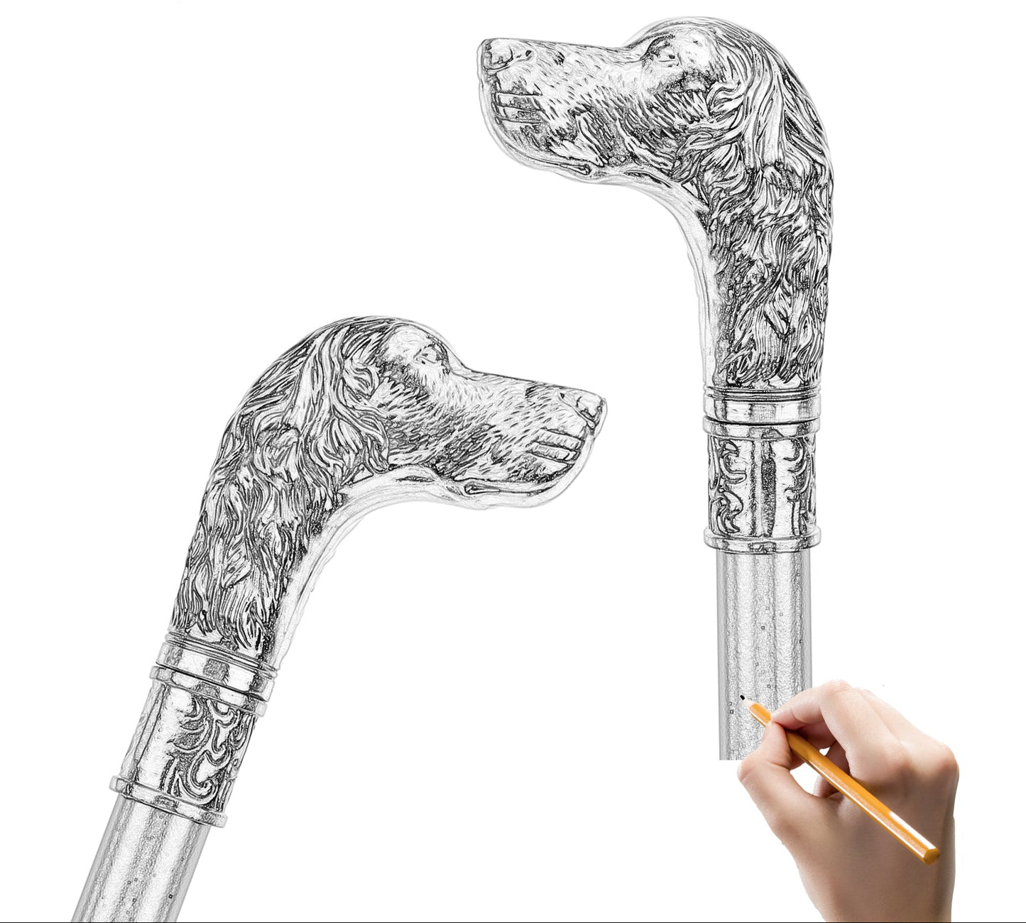 Elegant Dog Head Walking Cane - Decorative Silver Walking Stick 93cm