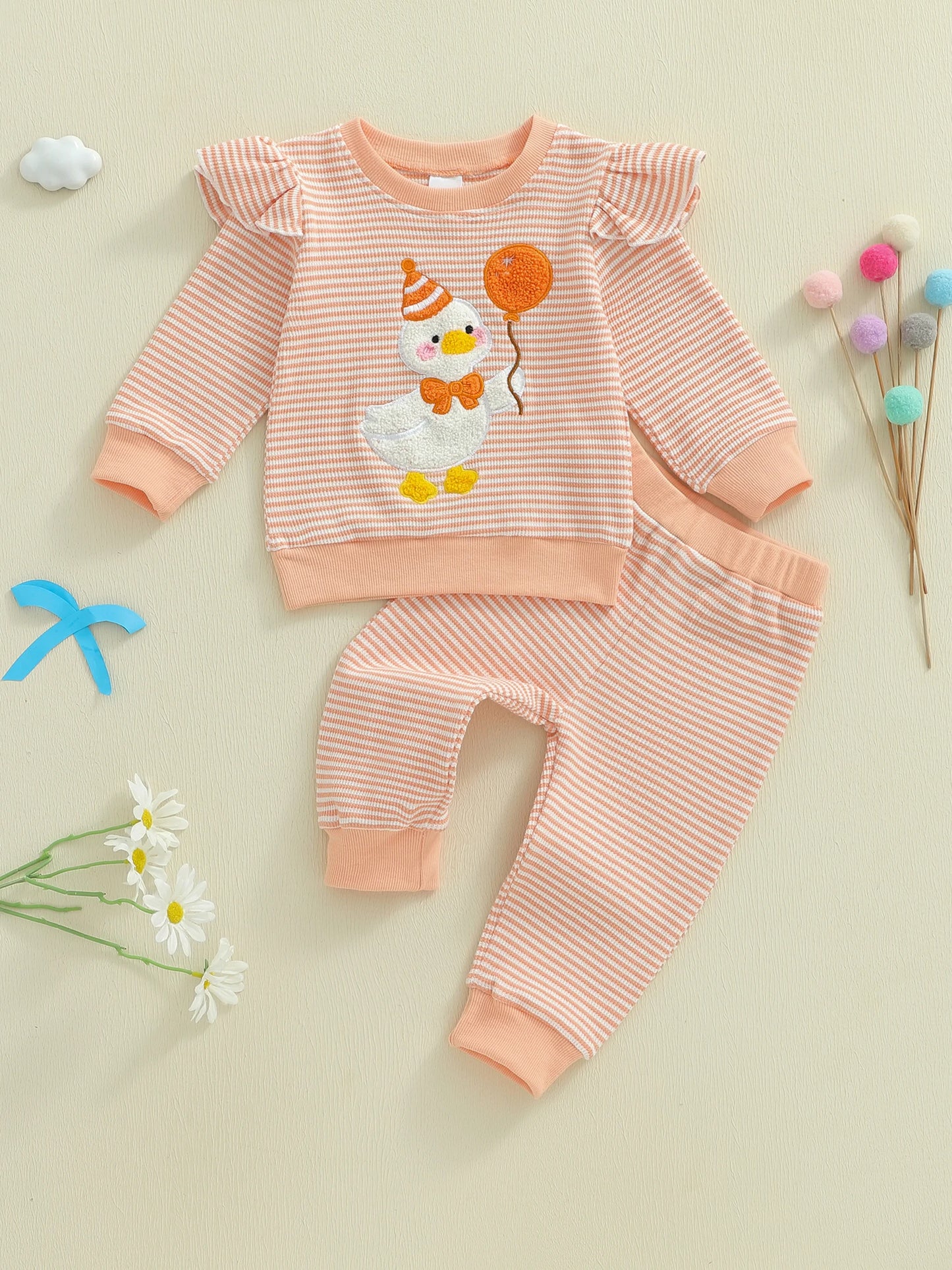 Baby Girls Goose Embroidered Striped Outfit Set (0-4Y)