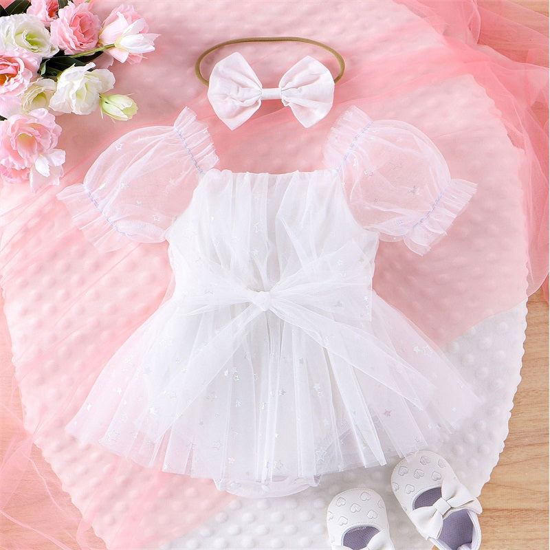 0-24M Princess Baby Girls Summer Romper Dress Short Sleeve Star Print Bowknot Tulle Patchwork Jumpsuits with Headband