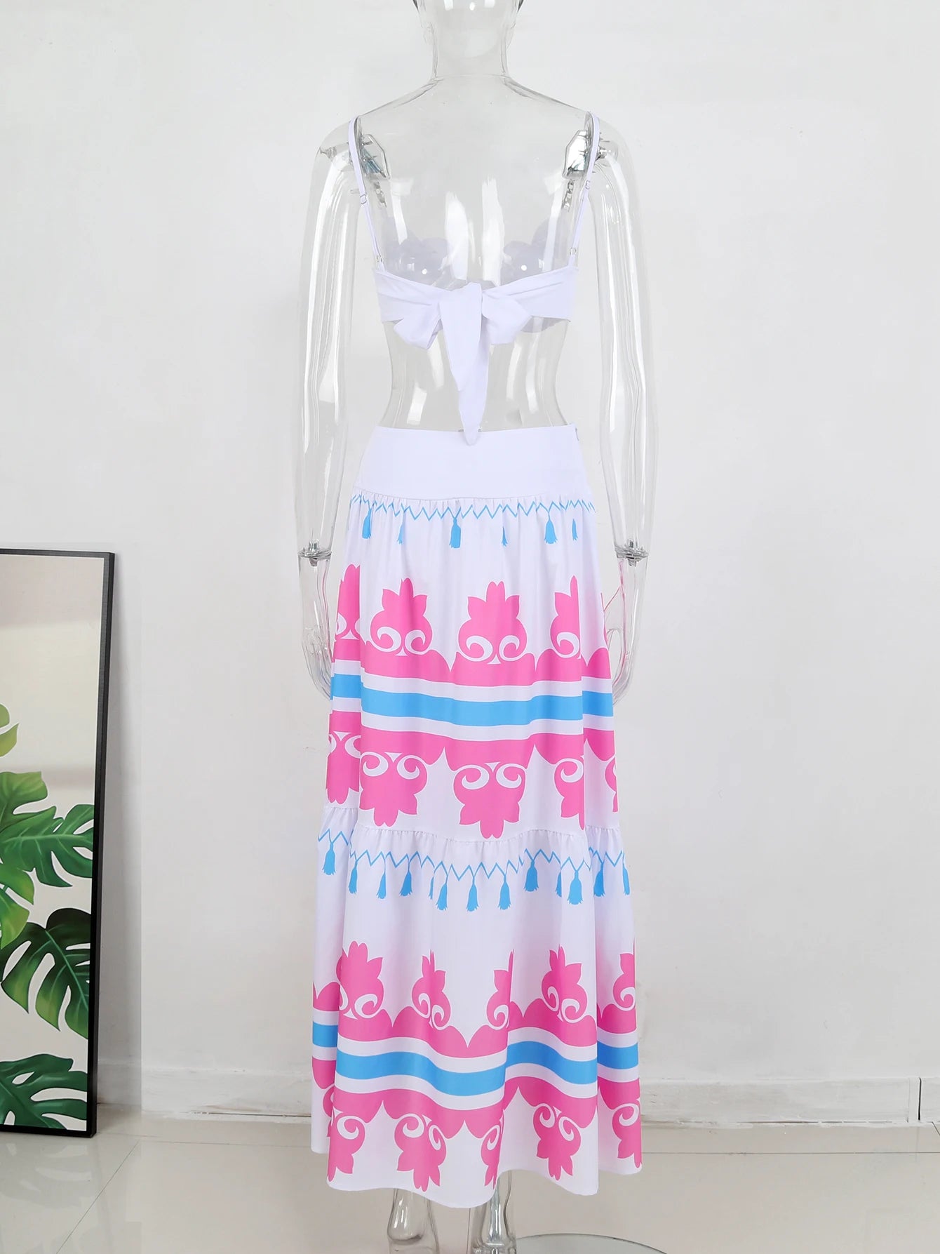 Women's Print Beach Two Piece Skirt White Bra High Waist A-line Long Skirt Beach Set