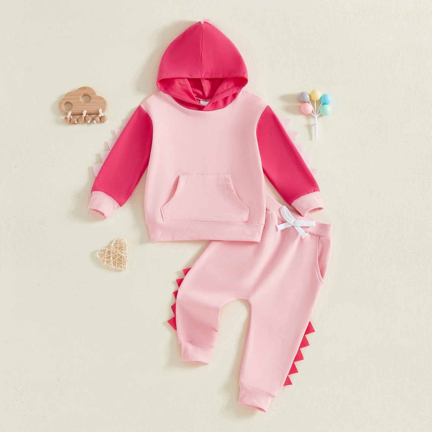 Toddler Dinosaur Hooded Outfit Set - Contrast Color Long Sleeve Top & Pants (0-5Y)