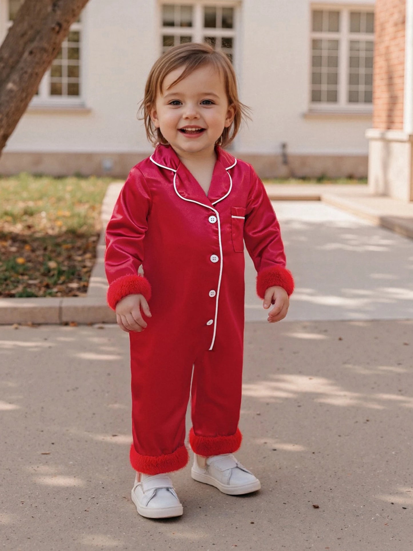 Baby Christmas Pajama Romper - Button Down with Feather Trim Cuffs