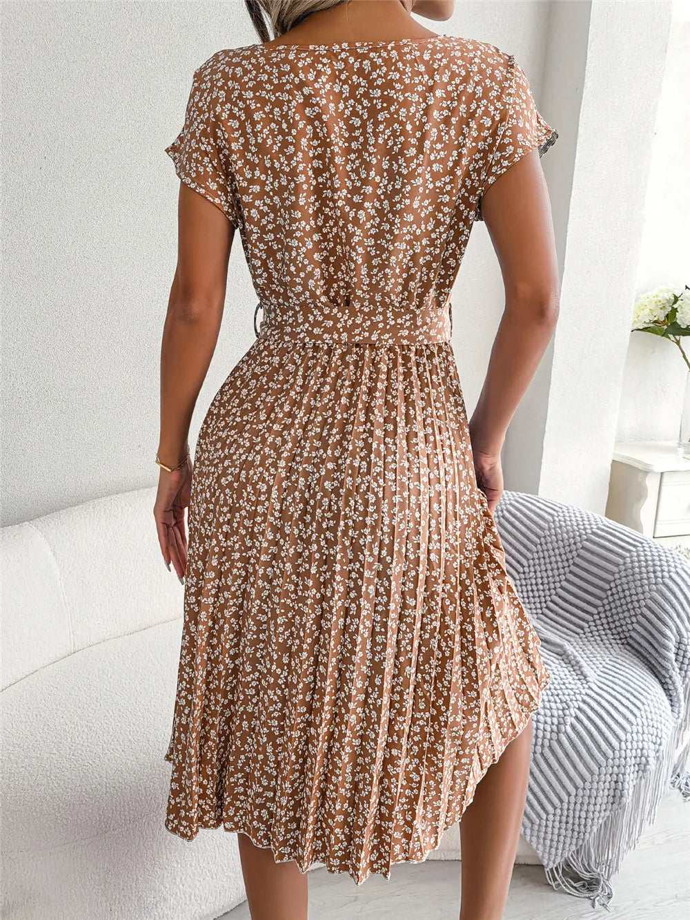 Women's Floral Pleated A Line Long Spring Summer Short Sleeve High Waist Chic Dress