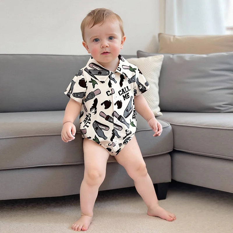 Baby Boys Gentleman Western Romper - Cartoon Print Button-up Bodysuit (0-18M)
