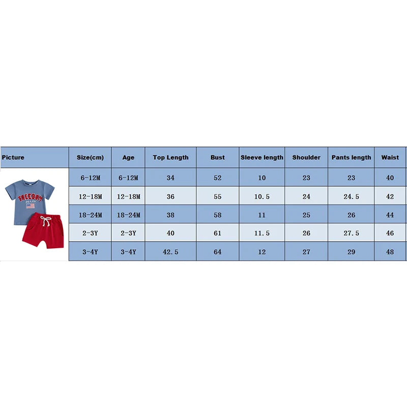 0-4Y Toddler Kids Boys American Flag Clothes Sets Letter Flag Embroidery Crew Neck Short Sleeve T-Shirt and Shorts