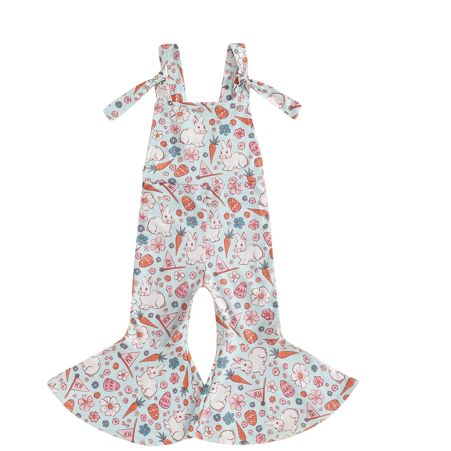 Girls' Easter Romper Pants - Sleeveless Floral Rabbit Print Suspender Jumpsuit