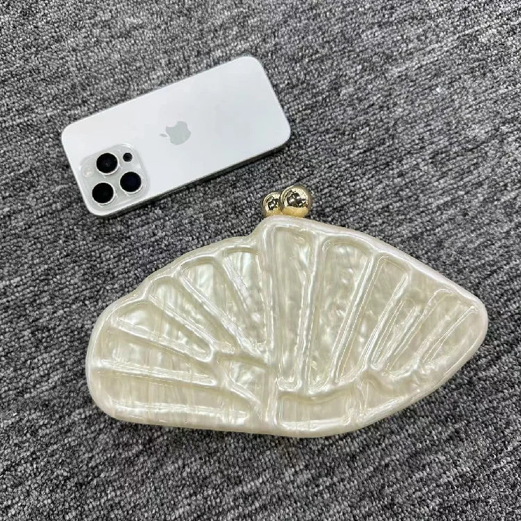 Women's Shell Fan-Shaped Evening Bag - Luxury Acrylic Crossbody Clutch with Pearl Details