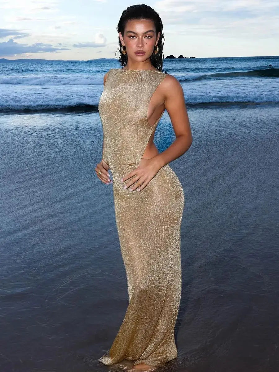 Women's Backless Slit Knit Maxi Split Slim Naked Waist Hollow Out Cover Up Summer Beach Dress
