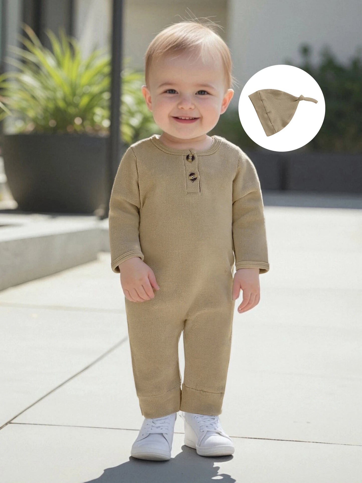 Newborn Baby Fall Winter Romper - Long Sleeve Solid Jumpsuit with Hat (0-6M)