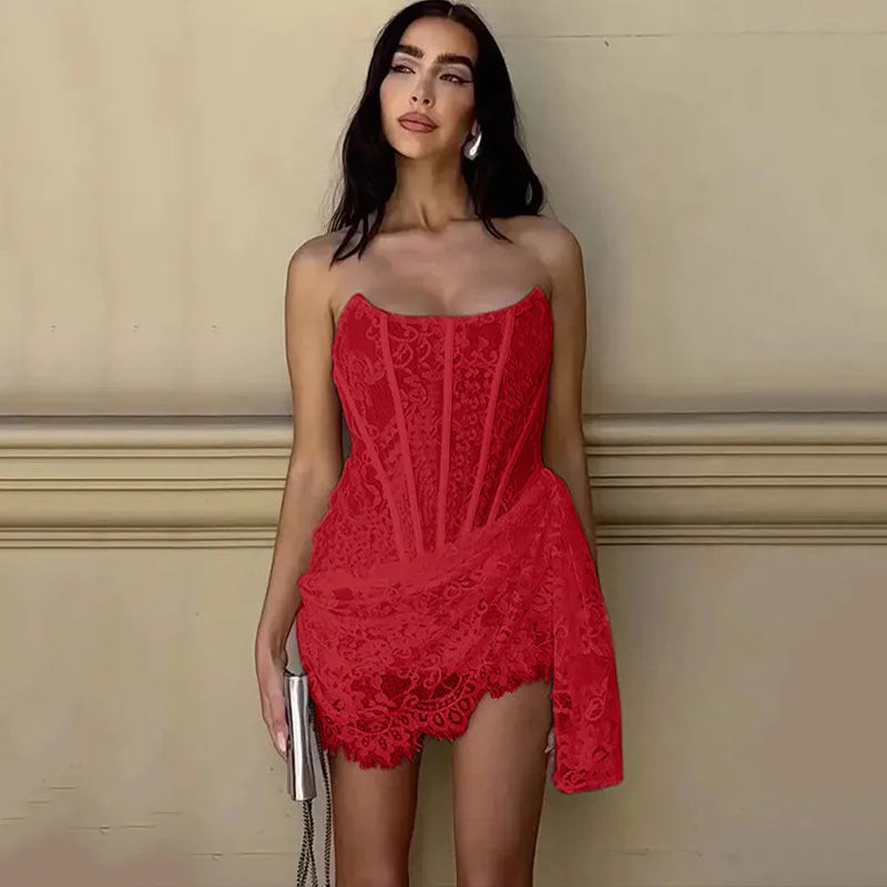 Women's Strapless Lace Trim Corset Mini Dress - A-Line Backless Wrap Dress