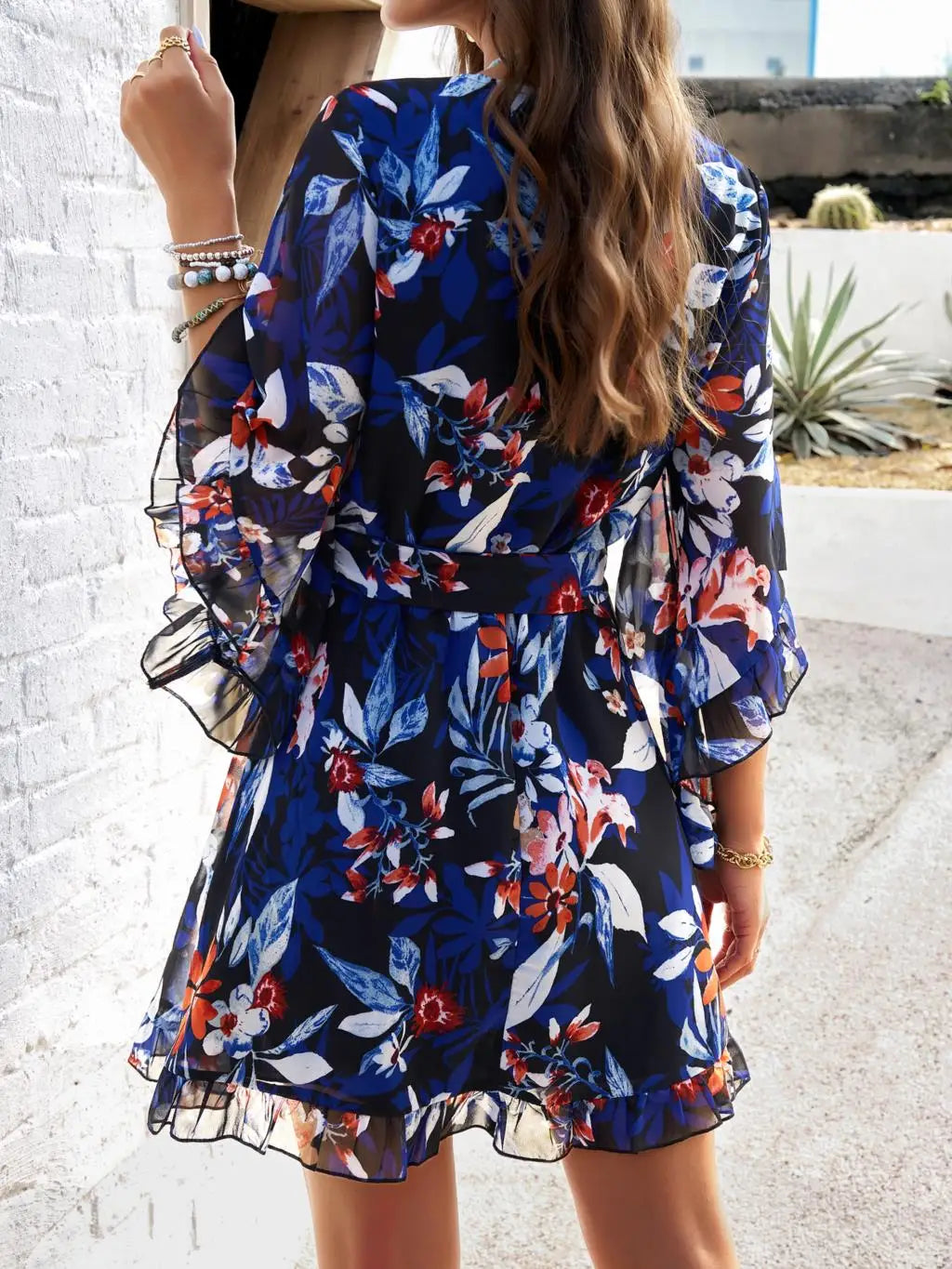 Women's Autumn Winter Half Sleeve Flower Print Elegant V-neck Casual A-Line Knee-Length High Waist Dress