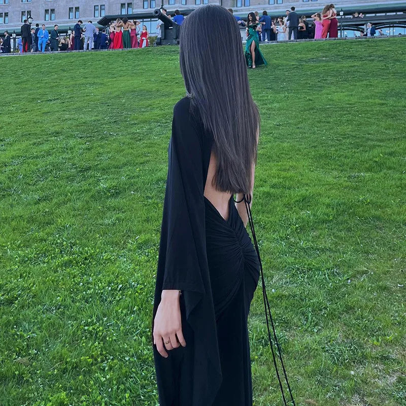 Women's Draped Deep V Backless Maxi One Shoulder Gown Slip Dress