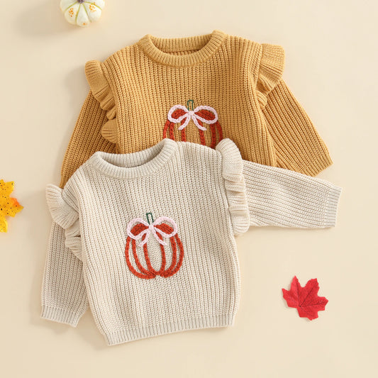 Baby Fall Sweater - Bow Pumpkin Embroidery Round Neck Knit Pullover