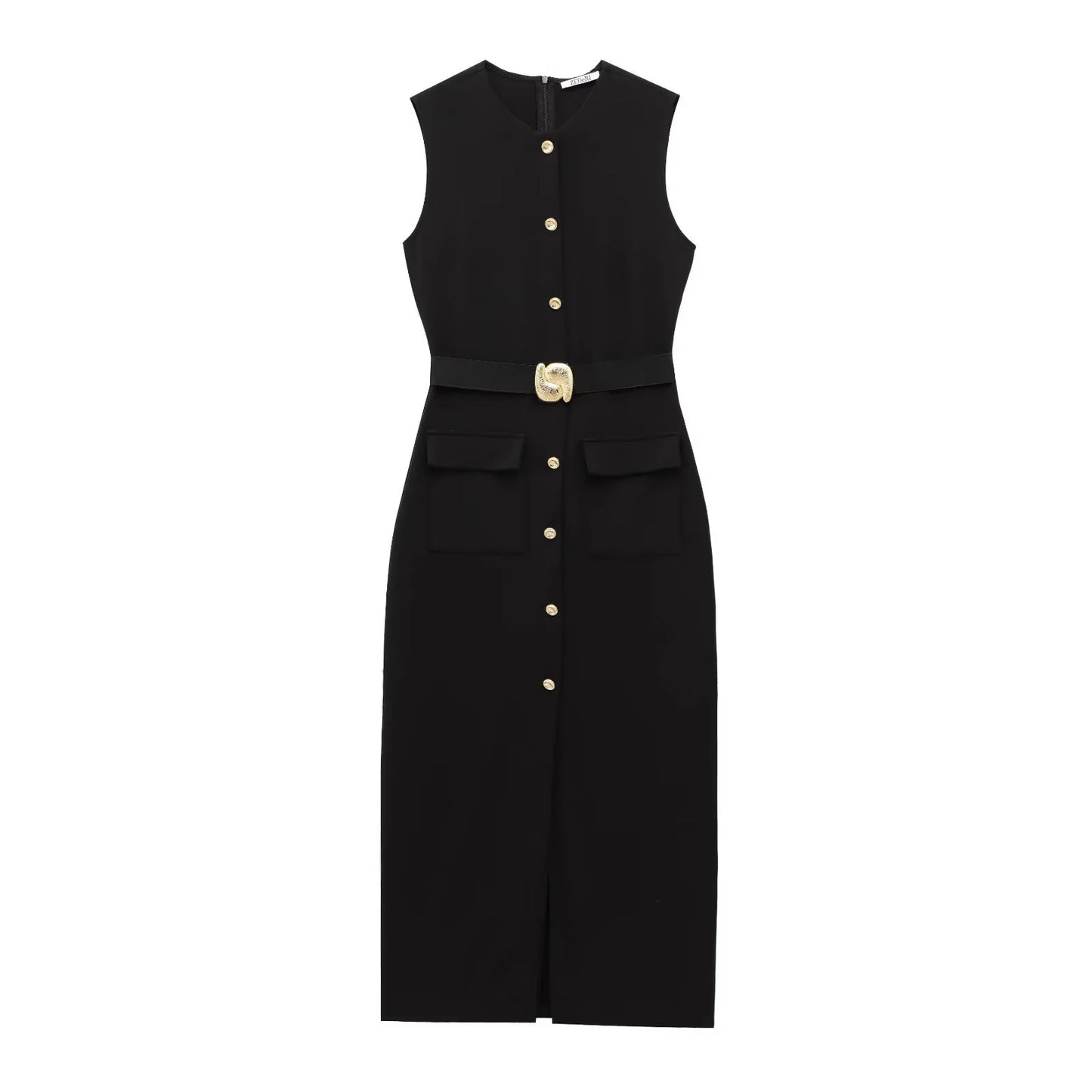 Women's Waist Belt Crepe Sleeveless Round Neck Midi Dress