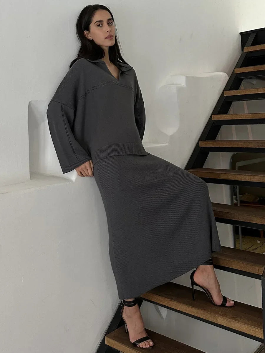 Women's Loose Sweater V-Neck Knit Pullover Top and Long High Waist Skirt 2 Piece Set