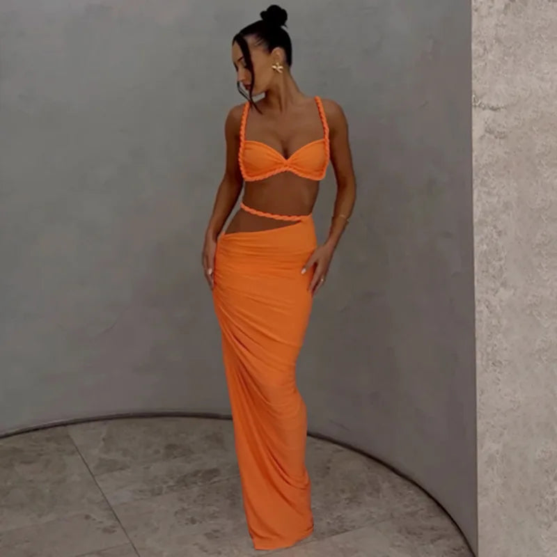 Women's Ruched Bandage 2 Piece Set Backless Decorative Cord Top and Skirt Dress Set