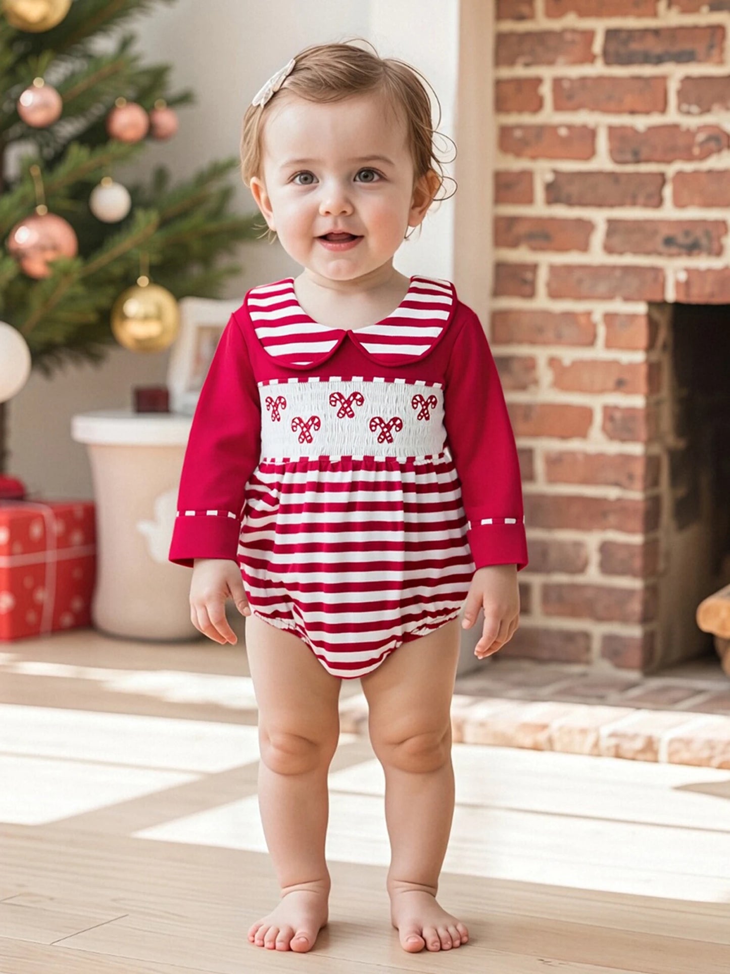 Baby Christmas Romper - Candy Cane Embroidery Long Sleeve Smocked Striped Jumpsuit