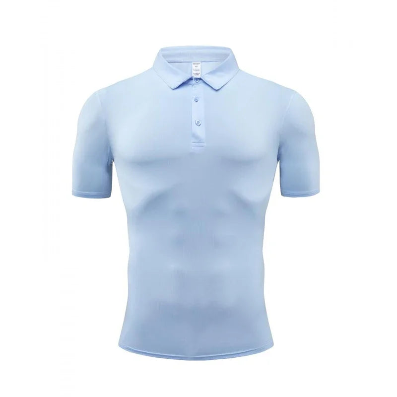 Men's Summer Casual Stretch Gym Muscle Fit Shirt Sports Quick Dry Ice Silk Short Sleeve Golf Polo Lapel T-Shirt