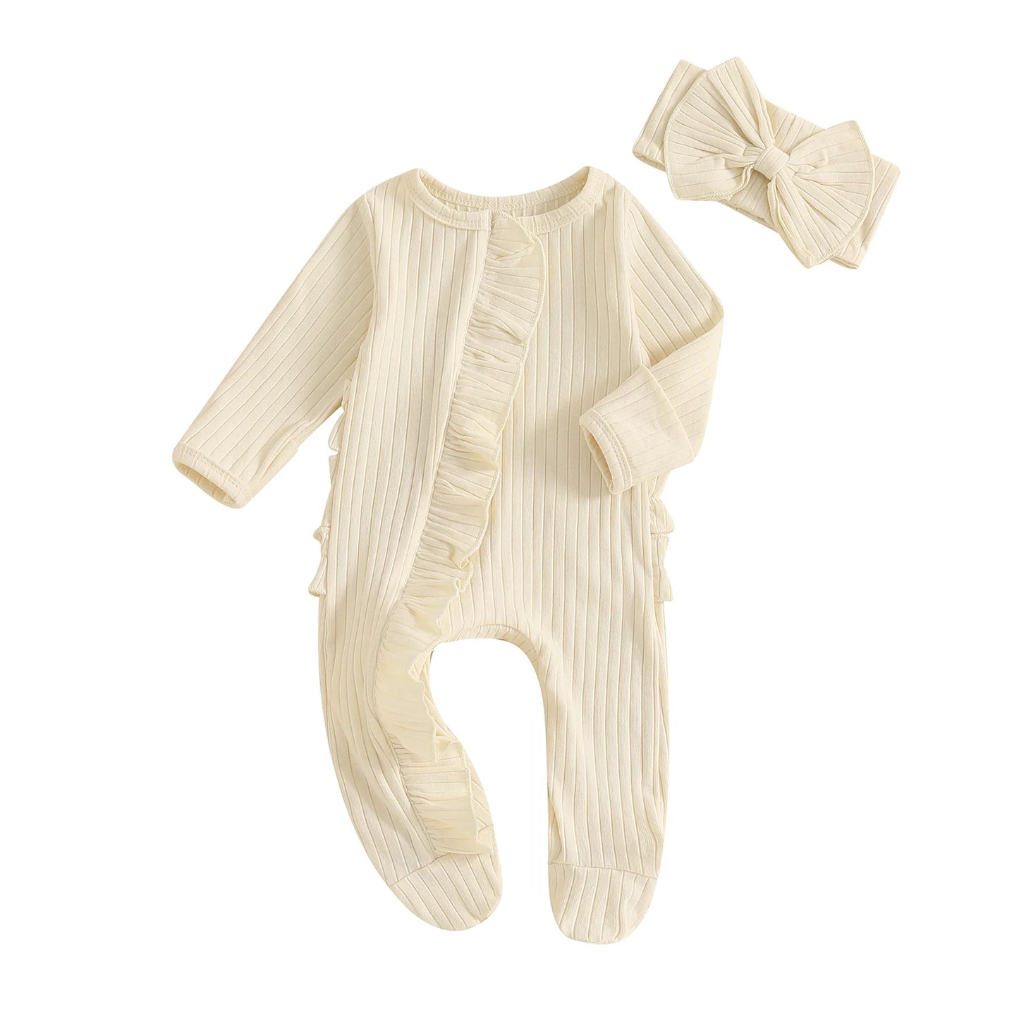 Newborn Baby Romper Set - Solid Ribbed Ruffle Trim Zipper Footed Jumpsuit & Bow Headband