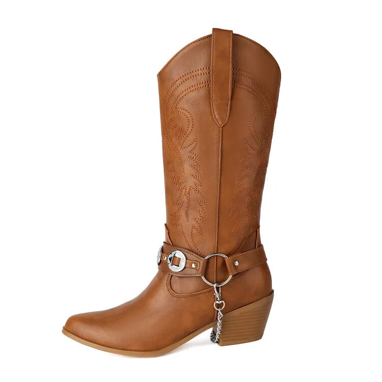 Women's Tapered Circular Metal Chain Chelsea Bohemian Pointed Leather Knee High Boots