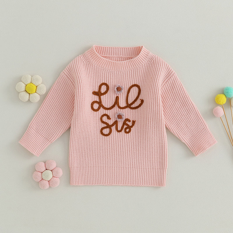 Toddler Girl's Sweater - Letter Embroidery Long Sleeve Crew Neck Pullover