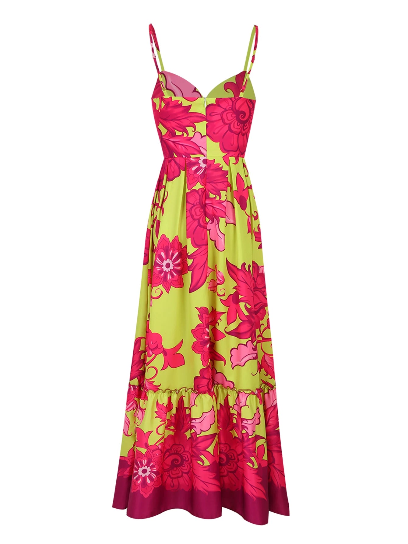 Women's Summer Print Long Lace Up Sling Party Pattern Straps Hollow Out V-Neck Beach Dress