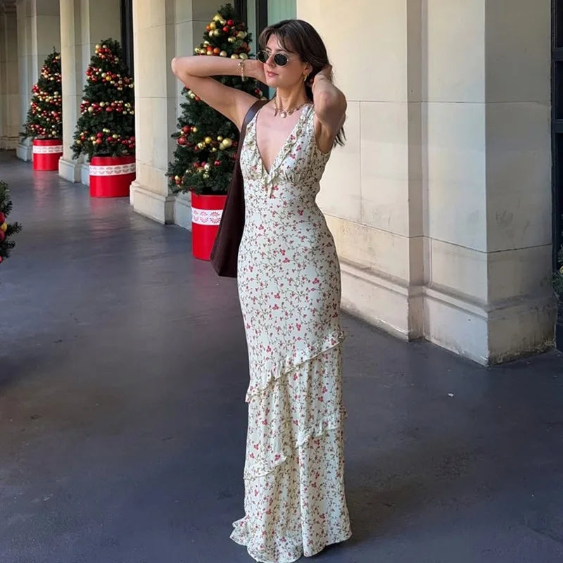 Women's Summer Floral Print Draped V Neck Maxi Ruffled Detail Sun Dress