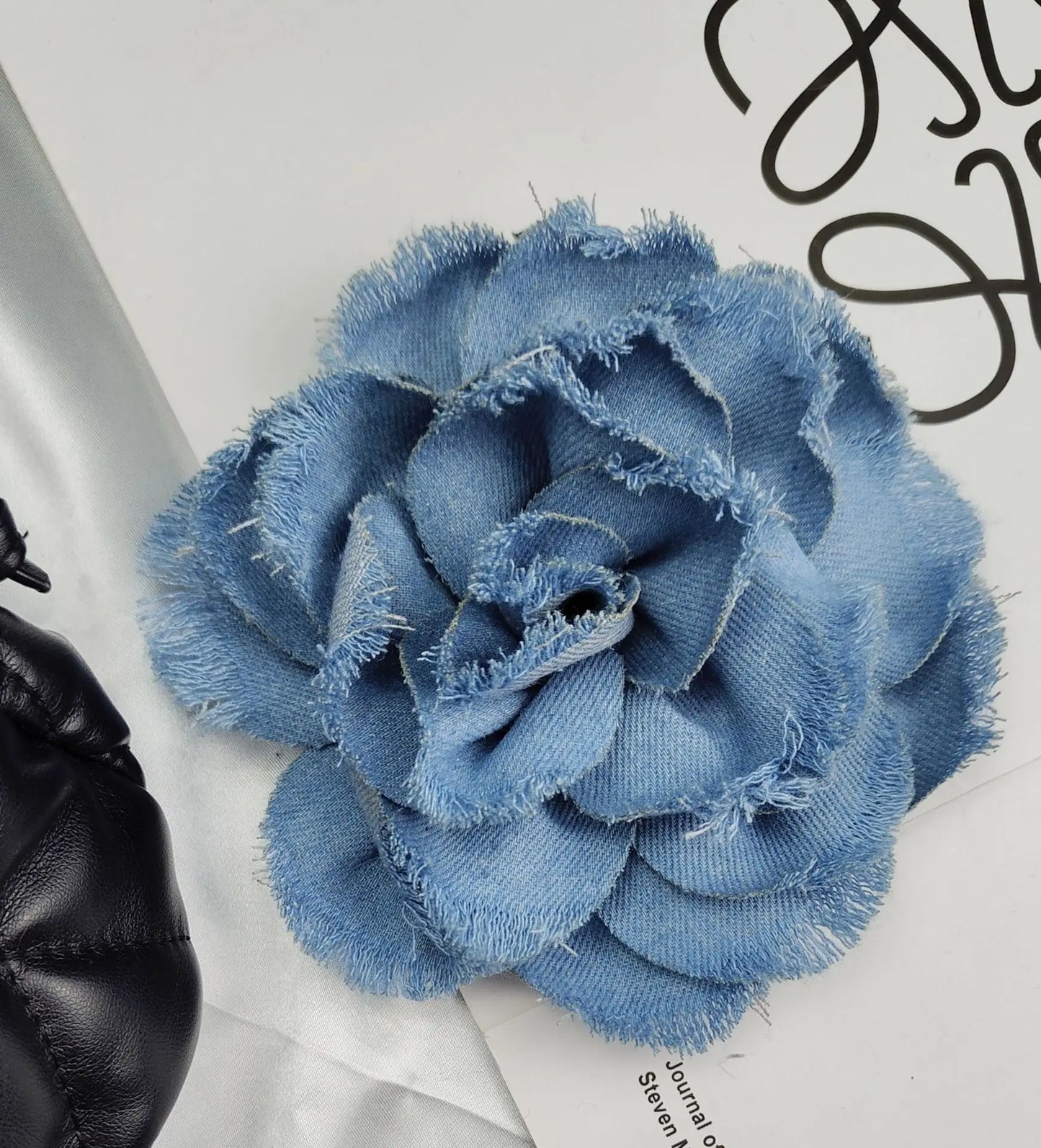 Handmade Denim Rose Flower Brooch - 15cm Fashion Corsage Lapel Pin