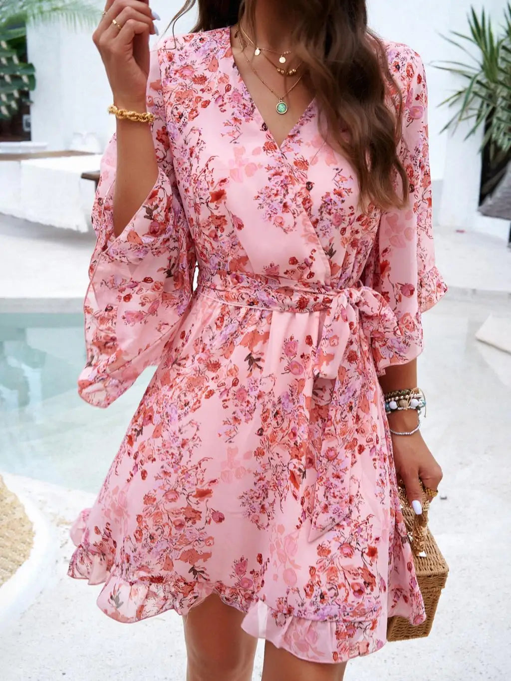 Women's Autumn Winter Half Sleeve Flower Print Elegant V-neck Casual A-Line Knee-Length High Waist Dress