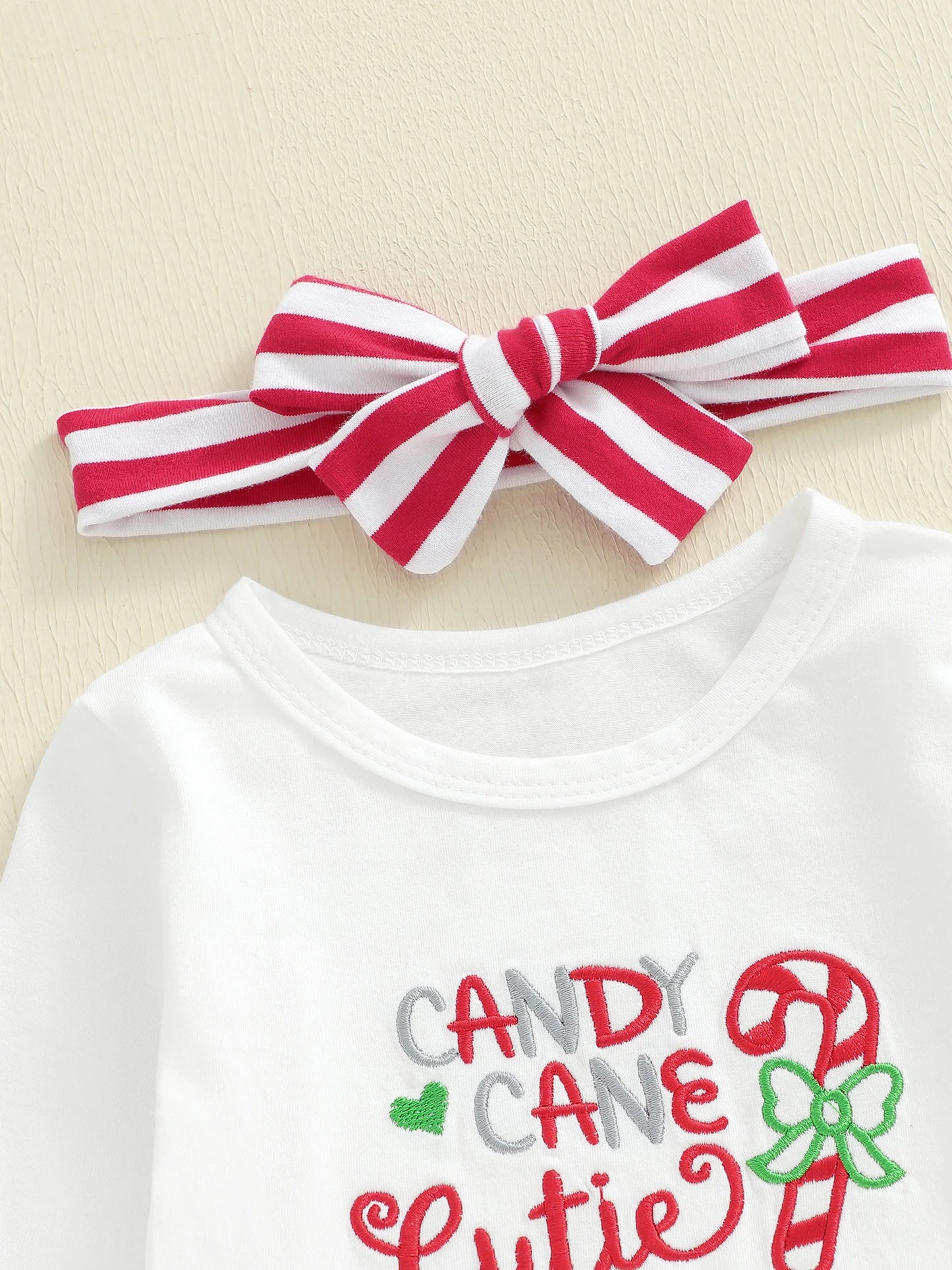 Baby Girls Christmas Outfit Set - Candy Cane Embroidery Long Sleeve Top, Flared Pants & Headband (0-3Y)