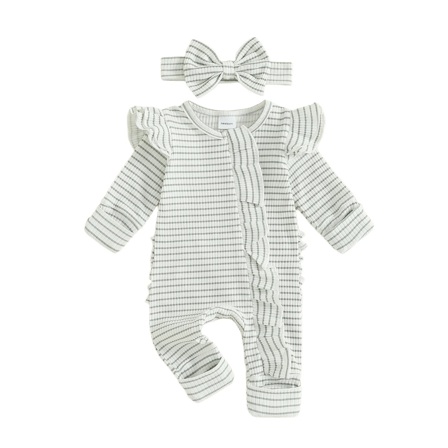 Newborn Baby 2-Piece Romper Outfit Set - Striped Jumpsuit with Headband