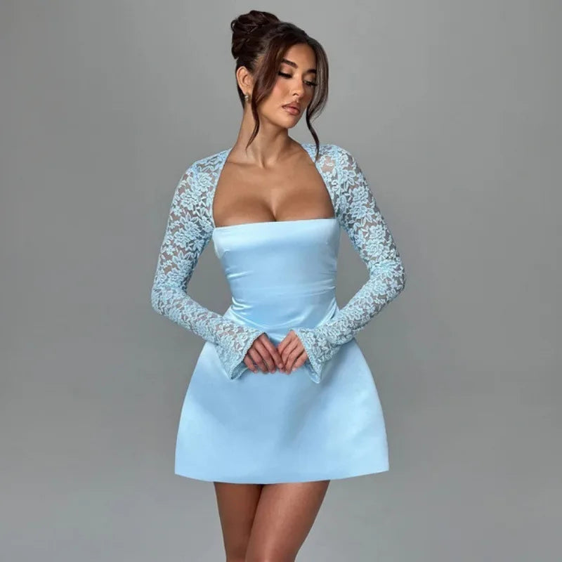 Women's Lace Long Sleeve Mini Square Collar Backless A-line High Waist Party Dress