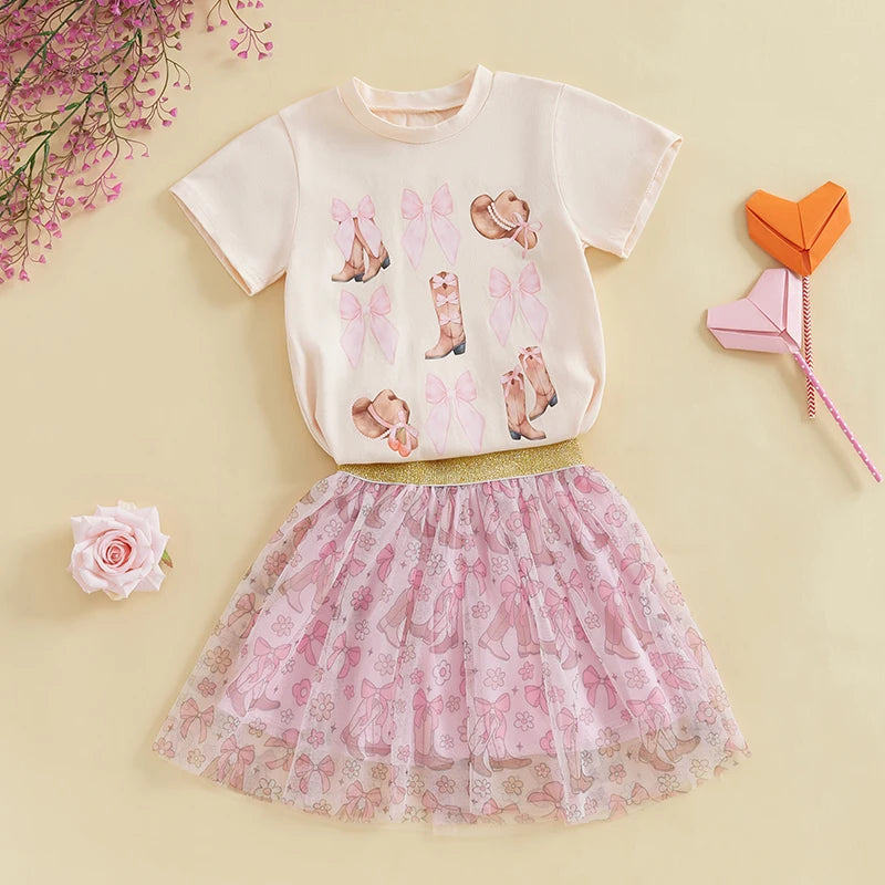 2pcs Kids Girls Summer Clothes Set Short Sleeve Bow Boots Print T Shirt and Tulle Skirt 0-5Y
