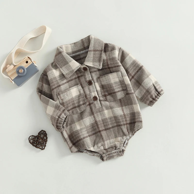 0-24M Infant Baby Boys Gentlemen Romper - Long Sleeve Turn Down Collar Plaid Printed Jumpsuit