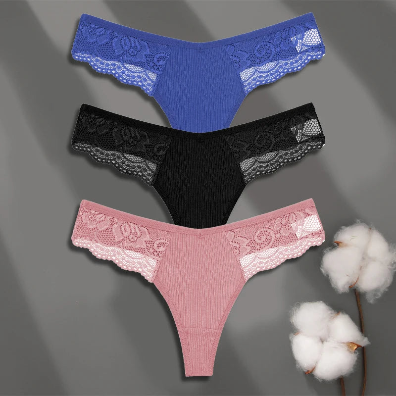 Cotton Lace Thongs - 3 Pack Low Waist Bikini Panties