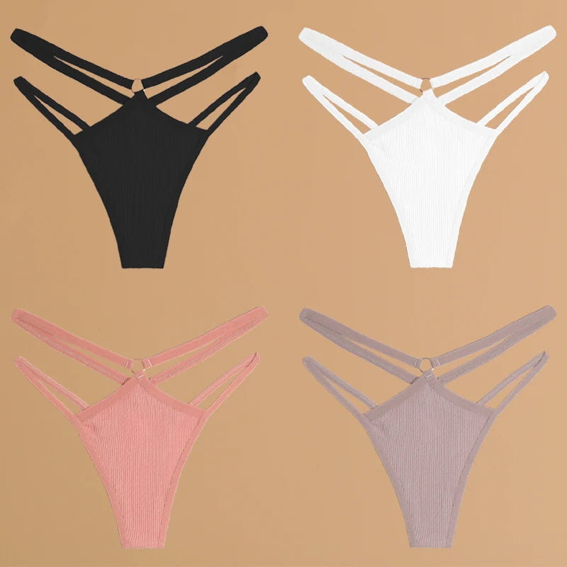 4-Pack Cotton Striped Thongs - Women's Low-Rise Breathable Underwear Set
