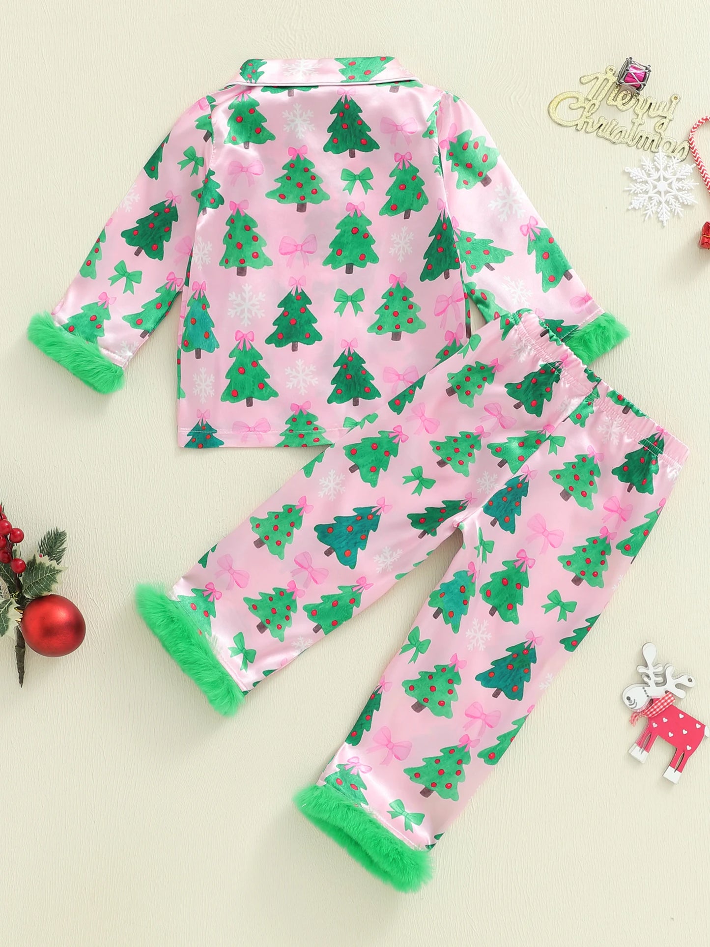 Kids Girls Christmas Satin Pyjamas Set - Tree Print Button Down Top & Pants (0-7Y)